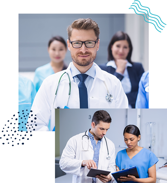 Doctors and medical staff working together and reviewing patient notes.